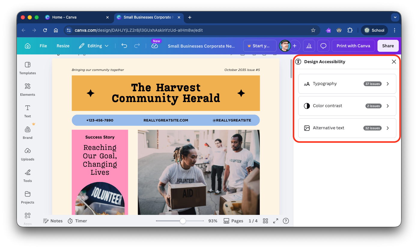 Canva's design accessibility pane open and highlighted with a red box, showing the three sections of typography, color contrast, and alternative text.